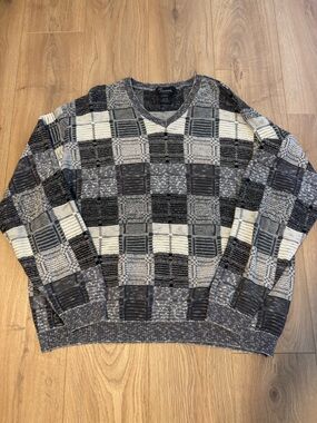 Tosani Canada Men’s XL Textured Knit Sweater Black Gray White V-Neck